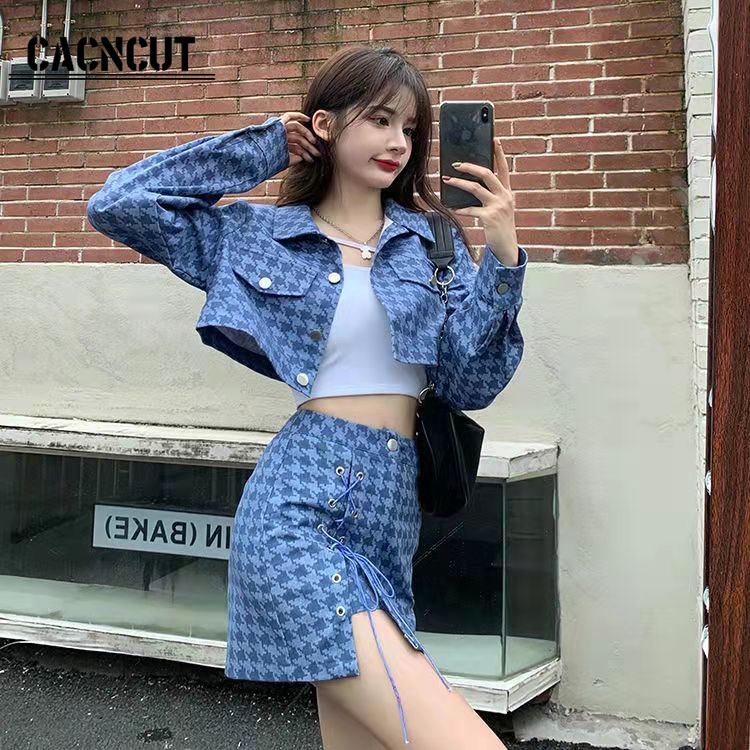 Cacncut korean style 2 pieces set short sleeve lapel crop top shirt high waist slit skirt set women