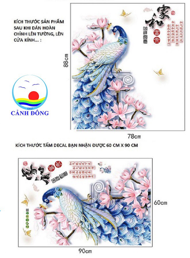 DECAL DÁN TƯỜNG TẾT CHIM CÔNG VÀ BÌNH HOA THỔ CẨM
