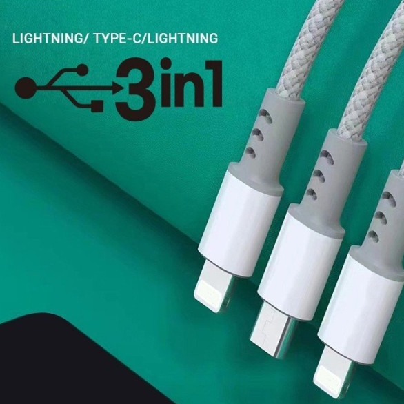 Cáp sạc nhanh 3 đầu ( Type-C to L+ L + C ) công suất 12w