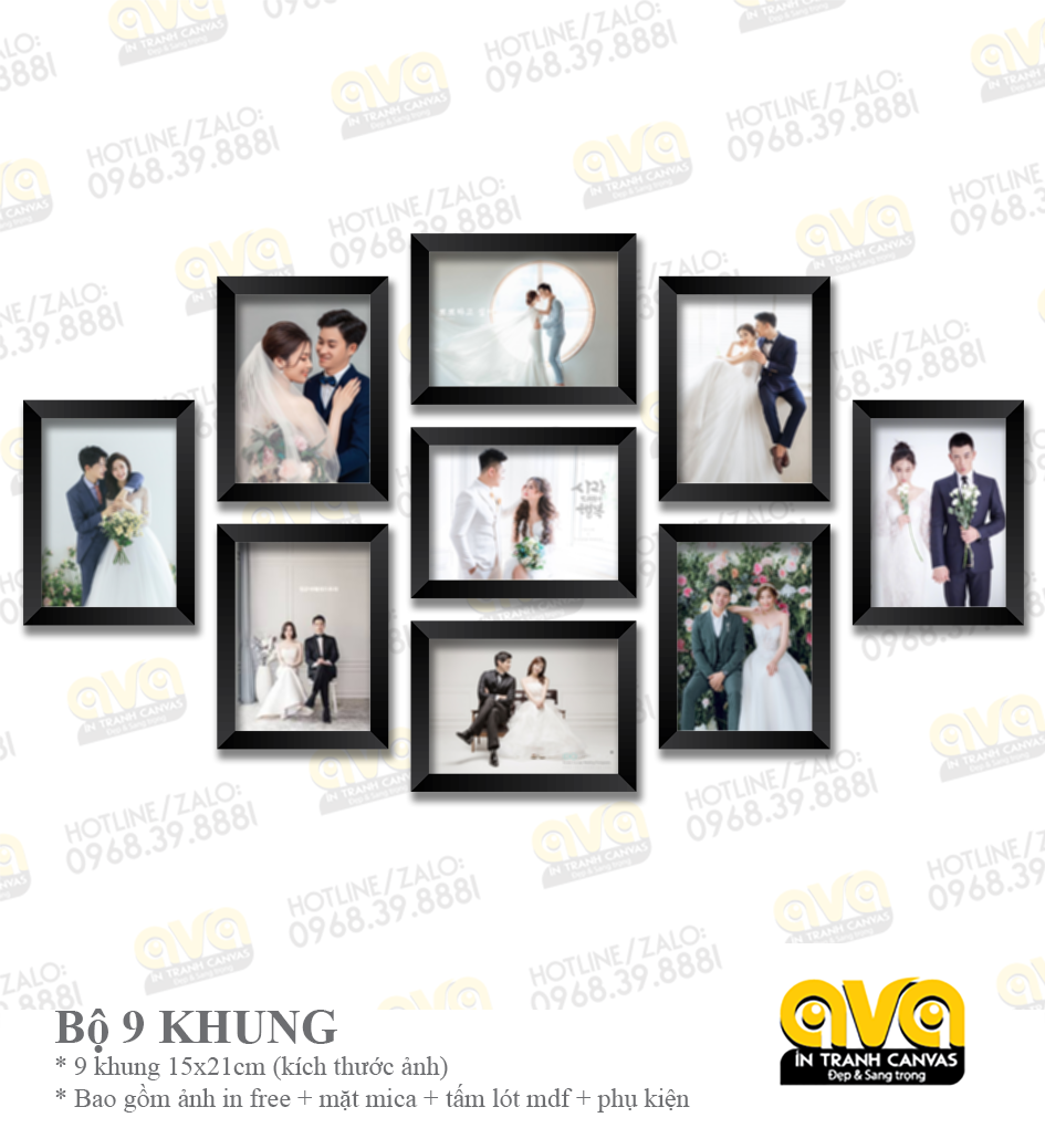 Bộ 9 khung ảnh treo tường (In ảnh free theo yêu cầu - kích thước ảnh 15x21cm)