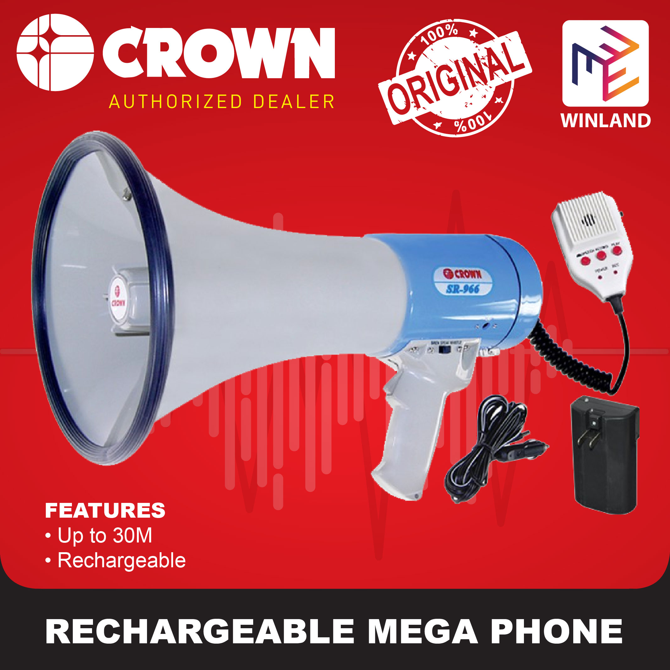 CROWN by Winland Rechargeable Powerful Handy Megaphone 30W with Voice