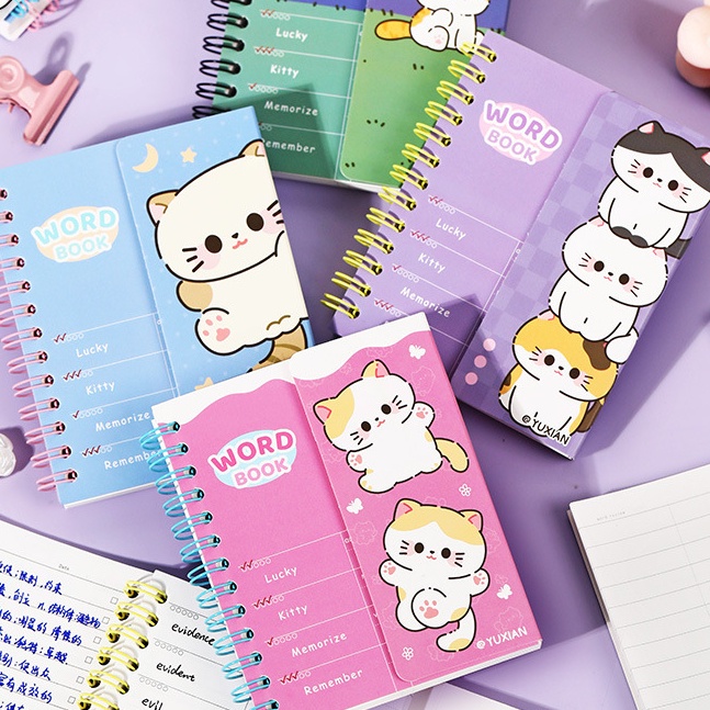 Cdaily|Cute Cat Small Notebook Mini Word Notebook Student English Word Memory Book Coil Small Notebook Portable Notebook Pocket Notebook