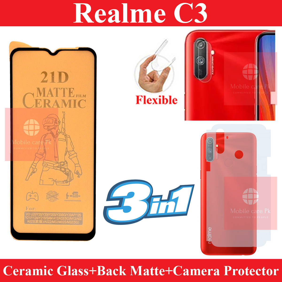 Realme C3 Matte Screen Protector Fiber Glass  + Back Protector Carbon Fiber Matte Soft Skin Sheet + Back Camera Protector Flexible Glass For Realme C3. 