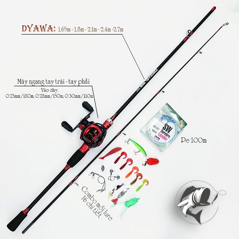 Bộ cần câu lure máy ngang DYAWA kèm phụ kiện -