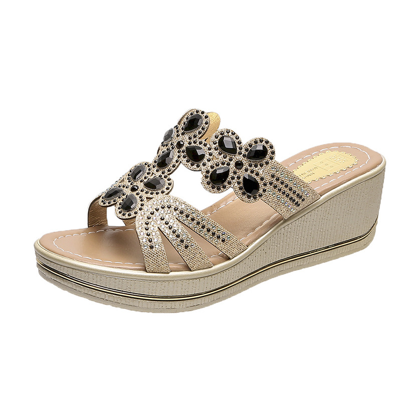 Vshoes dép lê bohemian rhinestone dép lê hở ngón mũi tròn gót vừa đế dày nữ dép quai ngang gót dốc