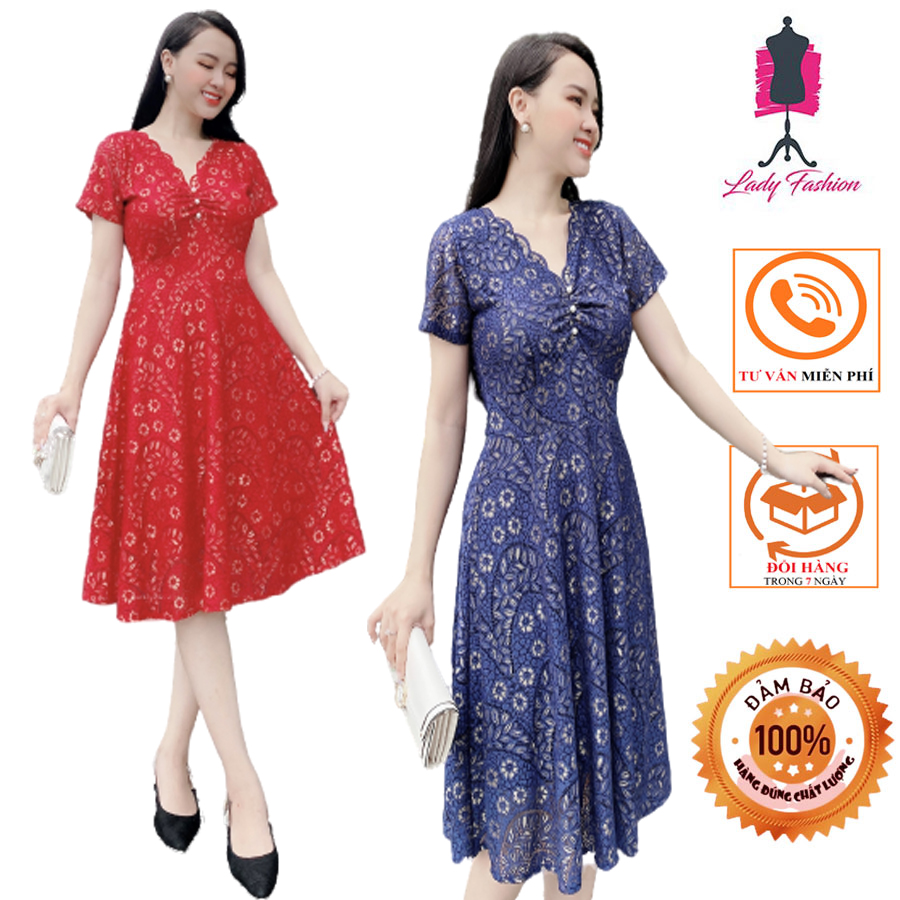 [4.4 Hoàn tiền 15%]ĐẦM REN CỔ V PHỐI NGỌC - DAM 0020