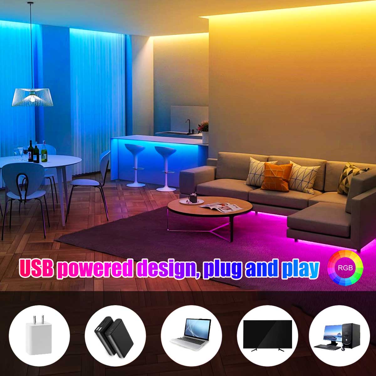 USB 5050 LED Strip Lights Music Sync Color Changing LED Strips With APP ...
