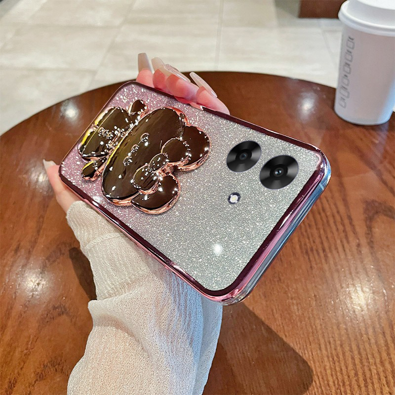 New Phone case Realme Note 60X Back cover Camera Protection Semi Transparent Soft Silicone Rabbit bracket Shockproof Exquisite Glitter Powder For Realme Note 60X case.