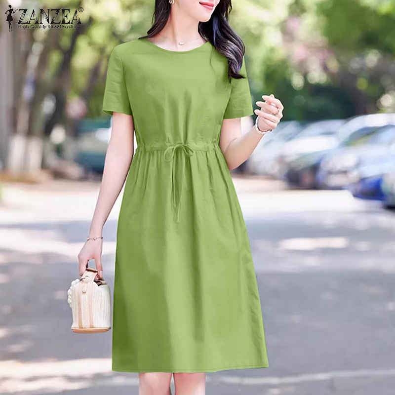 ZANZEA%20Korean%20Style%20Womens%20Casual%20O%20Neck%20Drawstring%20Lace%20Up%20Dress%20Elegant%20Short%20Sleeve%20Solid%20Knee%20Length%20Dresses%20-%20Image%202