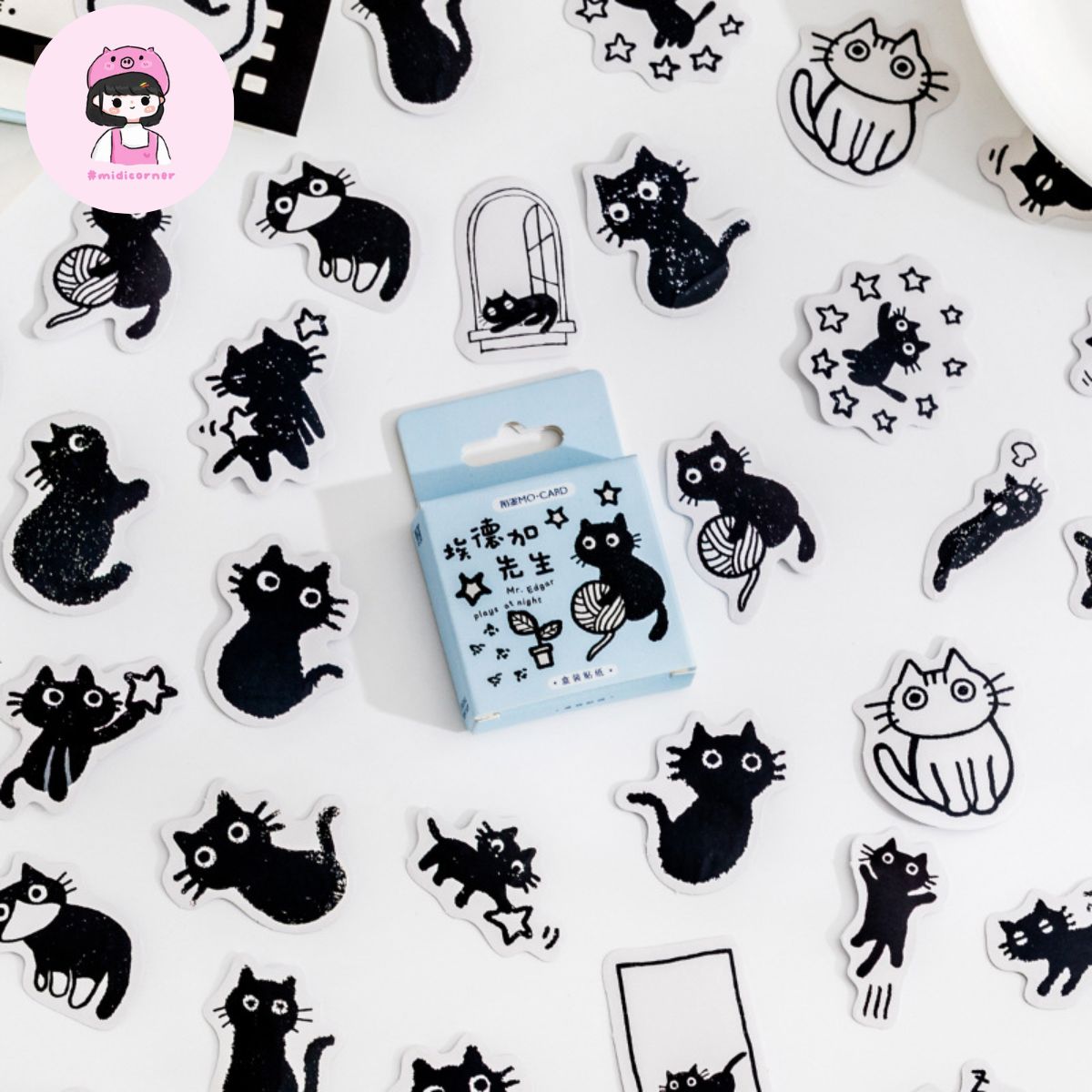 Hộp 45 sticker nhãn dán mèo đen trang trí sổ decor diy cực kì đáng yêu midi corner