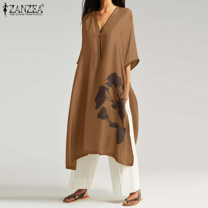 ZANZEA Dresses Women New Style Vintage Casual Short Sleeve V Neck Printed Side Split Decoration Zipper Loose Dress #8