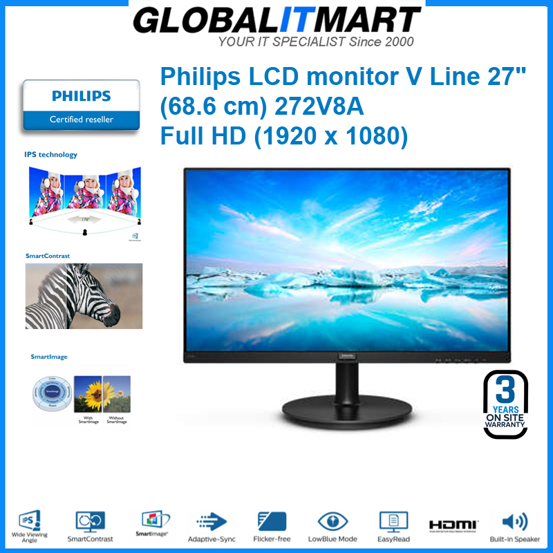 Philips 272V8 27" inch Full HD IPS Monitor with HDMI & DP Cable ...