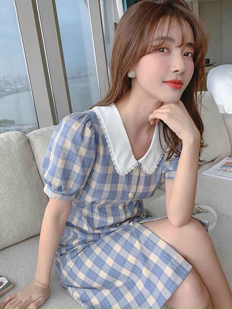 [Voucher 50k Freeship Max 0 đồng toàn quốc] Đầm vintage nữ caro màu xanh đầm tiểu thư cổ bèo đầm công chúa đính nút váy nữ dáng suông tay búp dễ thương