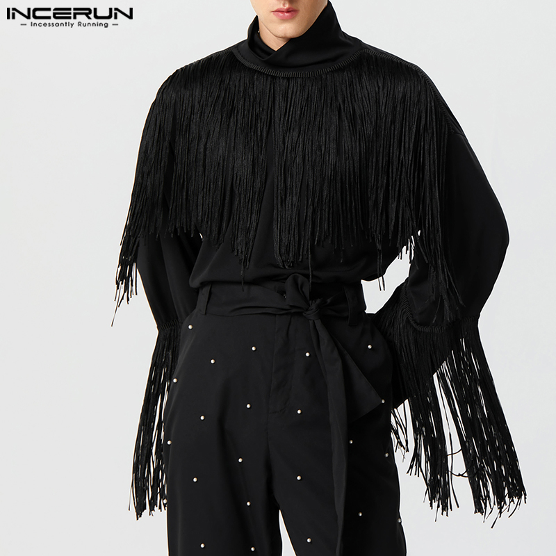 INCERUN Mens Long Sleeve High Neck Personality Party Plain Pullover Tassel Patchwork T-Shirts (Western Style)