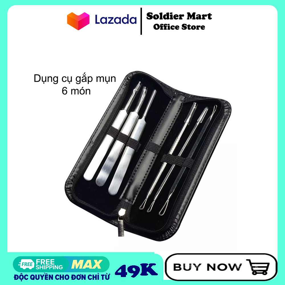 Nhíp Lấy Mụn Đầu Đen chuyên dụng Bộ 6 cây nặn mụn đầu đen bằng thép không rỉ, có nhíp gắp mụn tiện lợi Dụng cụ nặn mụn và cách nặn mụn an toàn tại nhà ,bộ nhíp nặn mụn 6 món có bao đựng cao cấp chuyên nghiệp