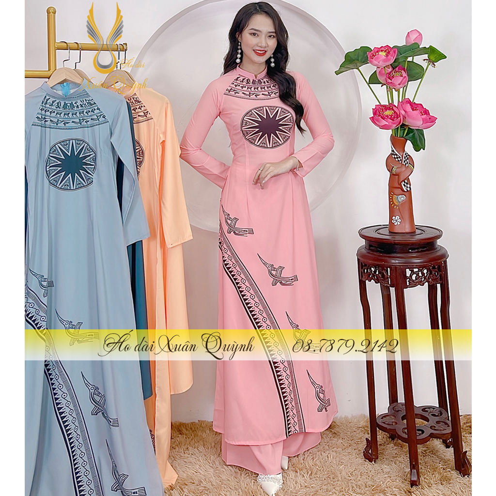 Áo Dài Truyền Thống Hoạ Tiết Trống Đồng, Lụa Habutai K82 - Áo Dài Xuân Quỳnh