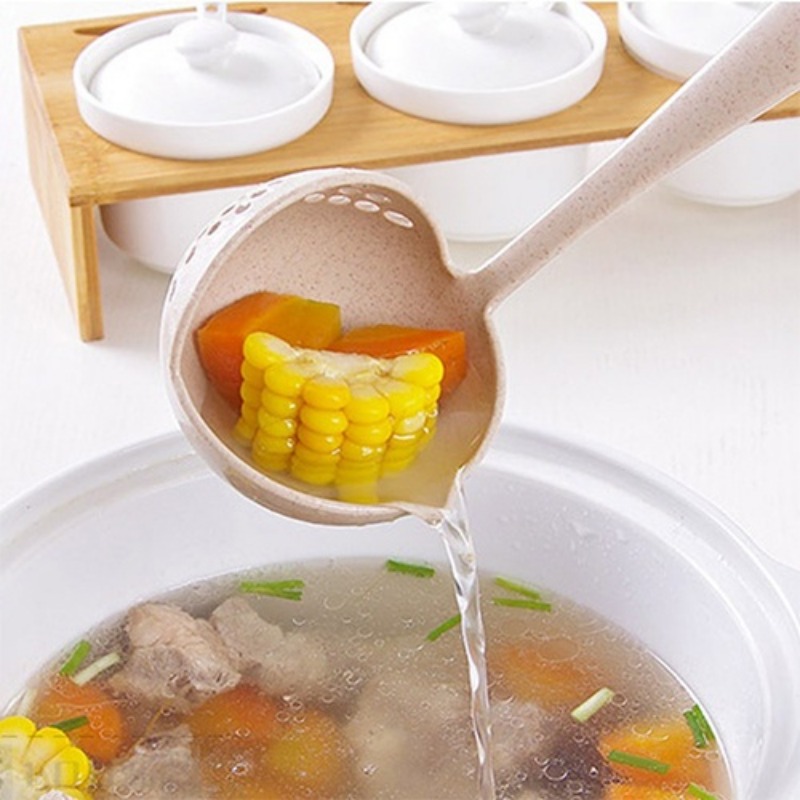 Multifunctional Wheat Straw Spoon 2-in-1 Long Handle Plastic Household Filter Cooking Colander Kitchen Accessories