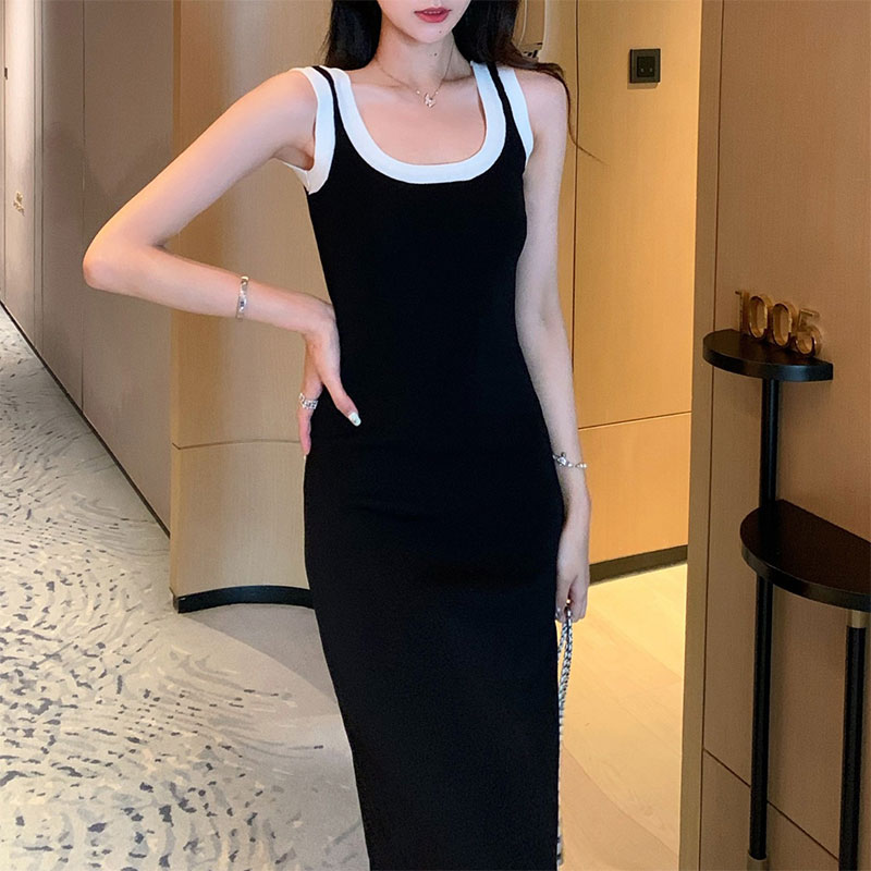 DUOHANZI Sleeveless knitted dress mid-length black camisole dress trendy