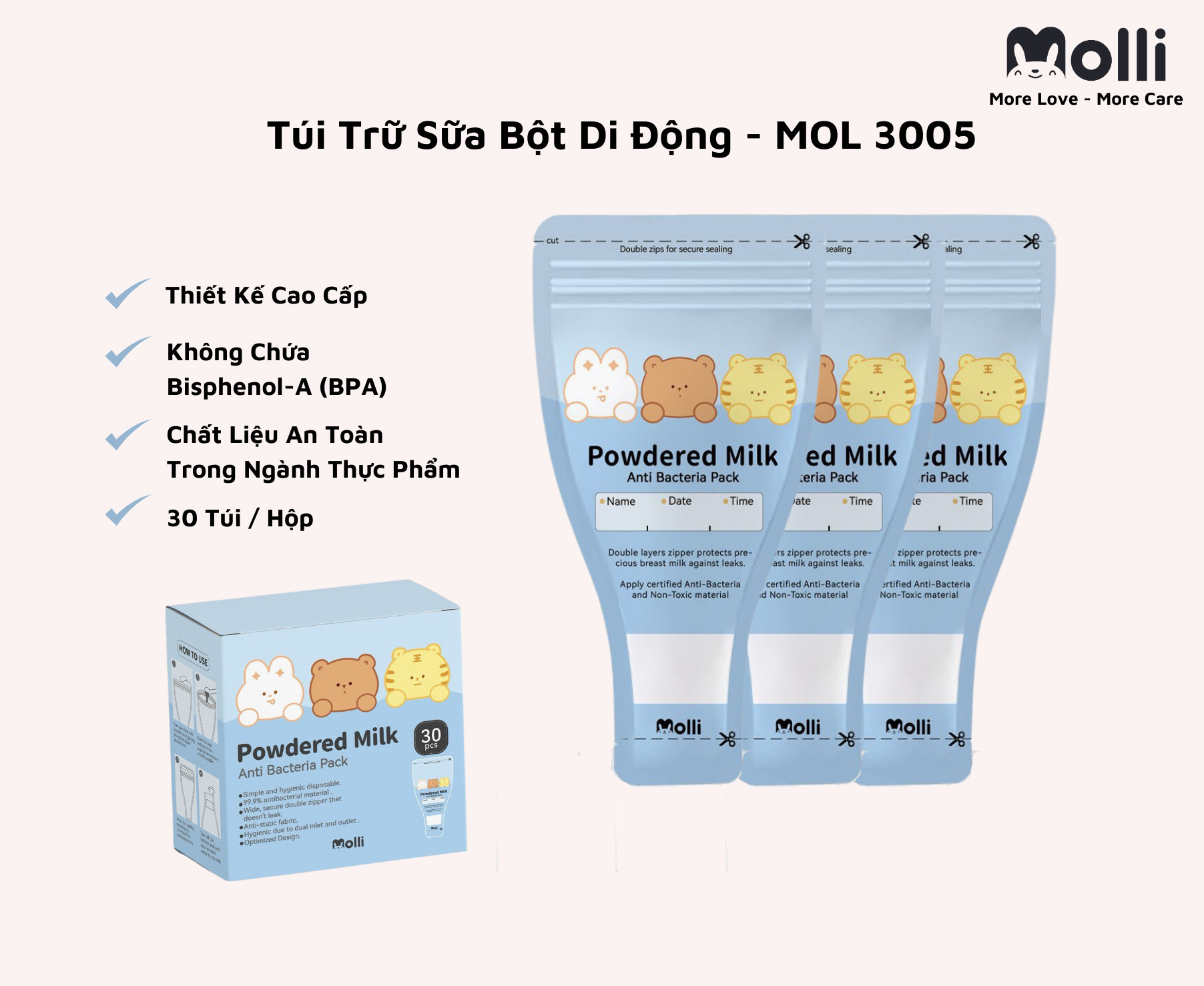 Mới Hộp 30 túi đựng sữa bột Molli khoá zip tiện dụng cho bé đi du lịch