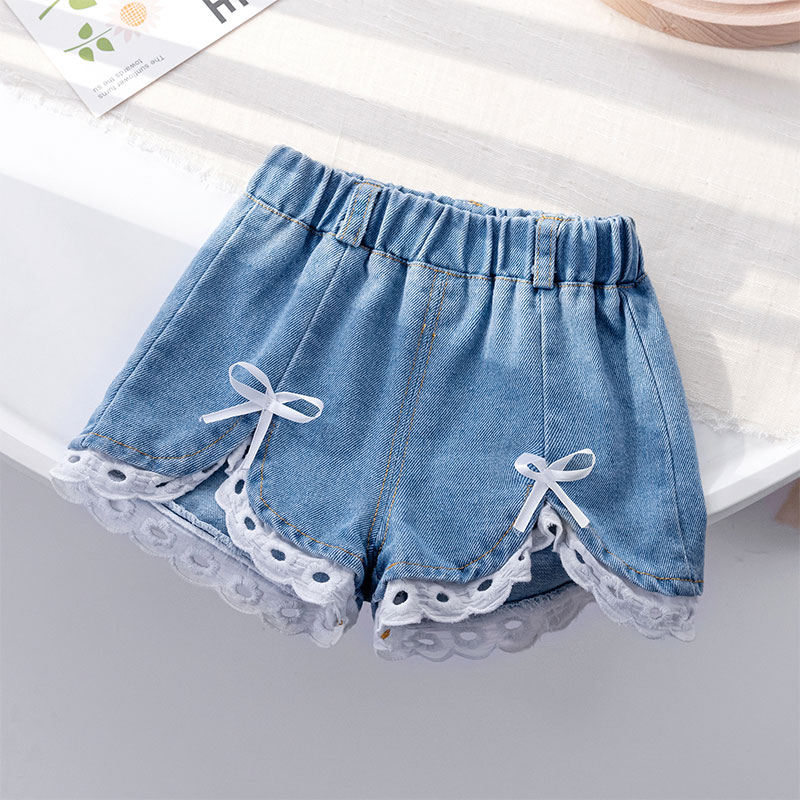 YADOU Quần short cho bé gái, quần short cho mùa hè, quần short denim đăng ten, quần short cho bé gái, phiên bản hàn quốc, mùa hè, nơ,3-8 tuổi