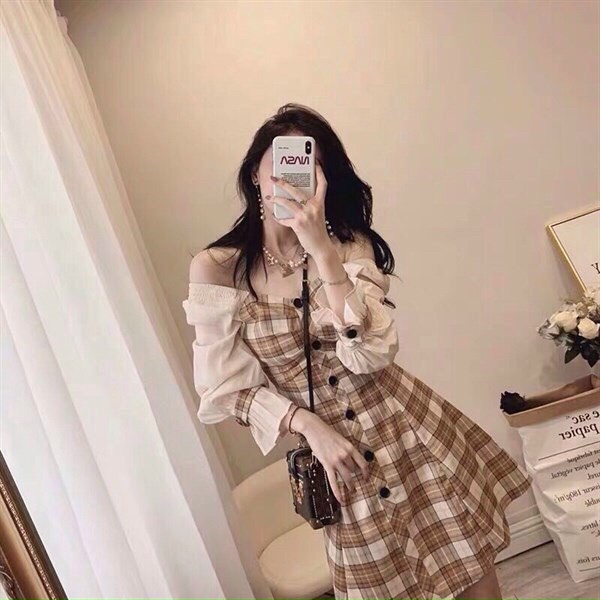 Đầm xoè hoạ tiết caro phối tay voan ulzzang xinh xắn - Đầm caro tay phồng trể vai - Đầm caro