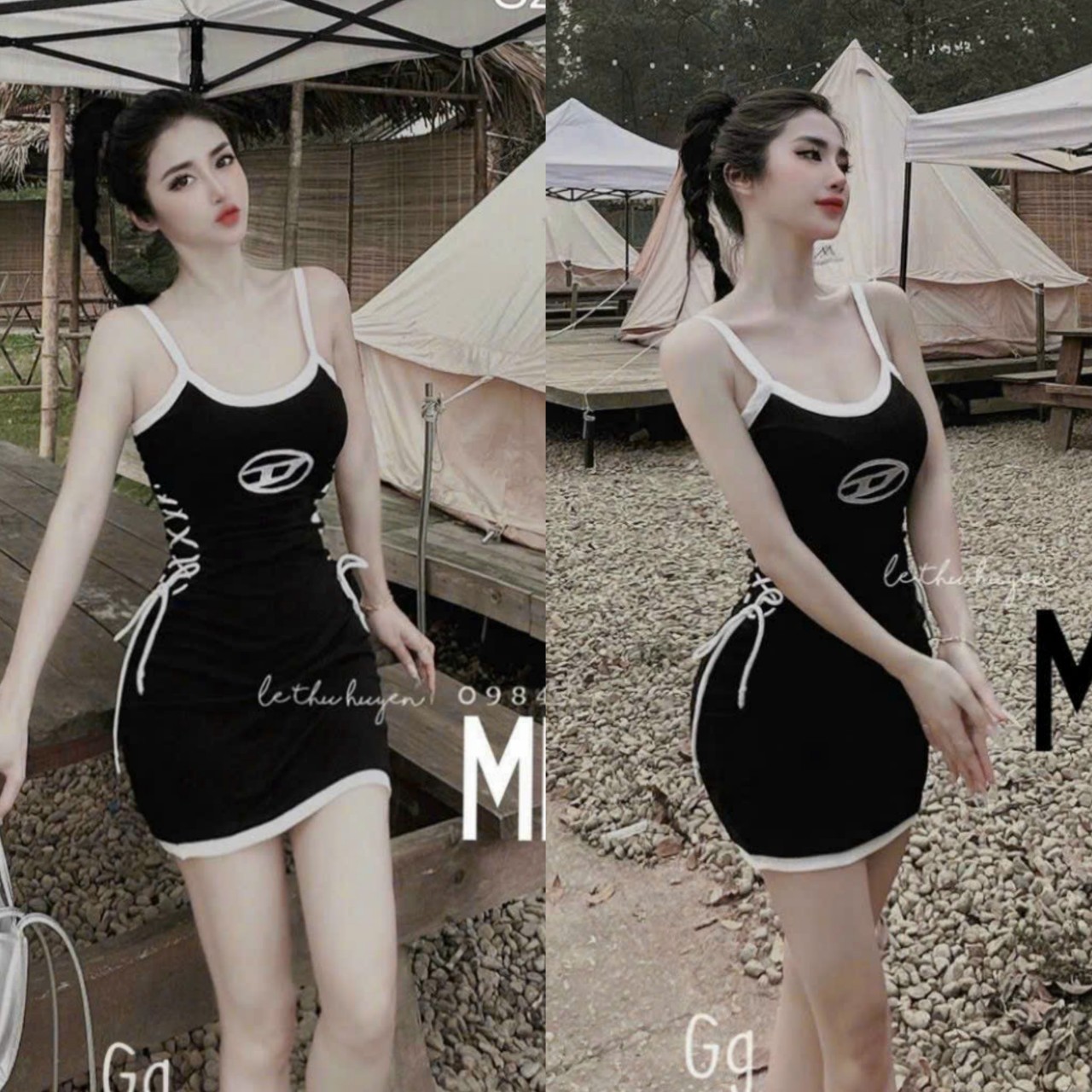 Đầm body 2 dây đen rút 2 bên eo dây trắng in hình cực kì sang chảnh , đi chơi , đi tiệc đ6511004