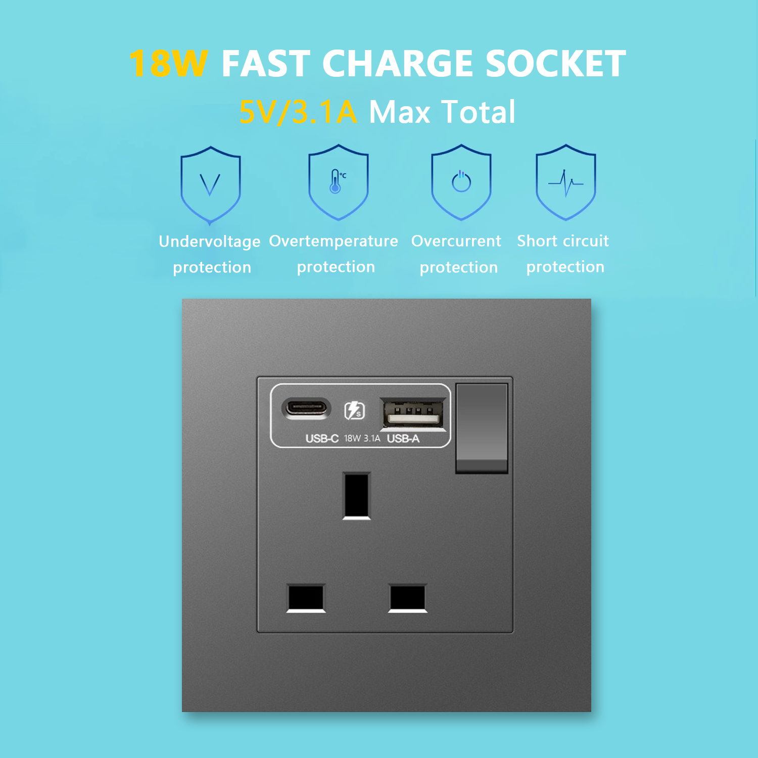 UK 13A Wall Socket with USB Type C 18W Quick Charge Plug Socket,Britain ...