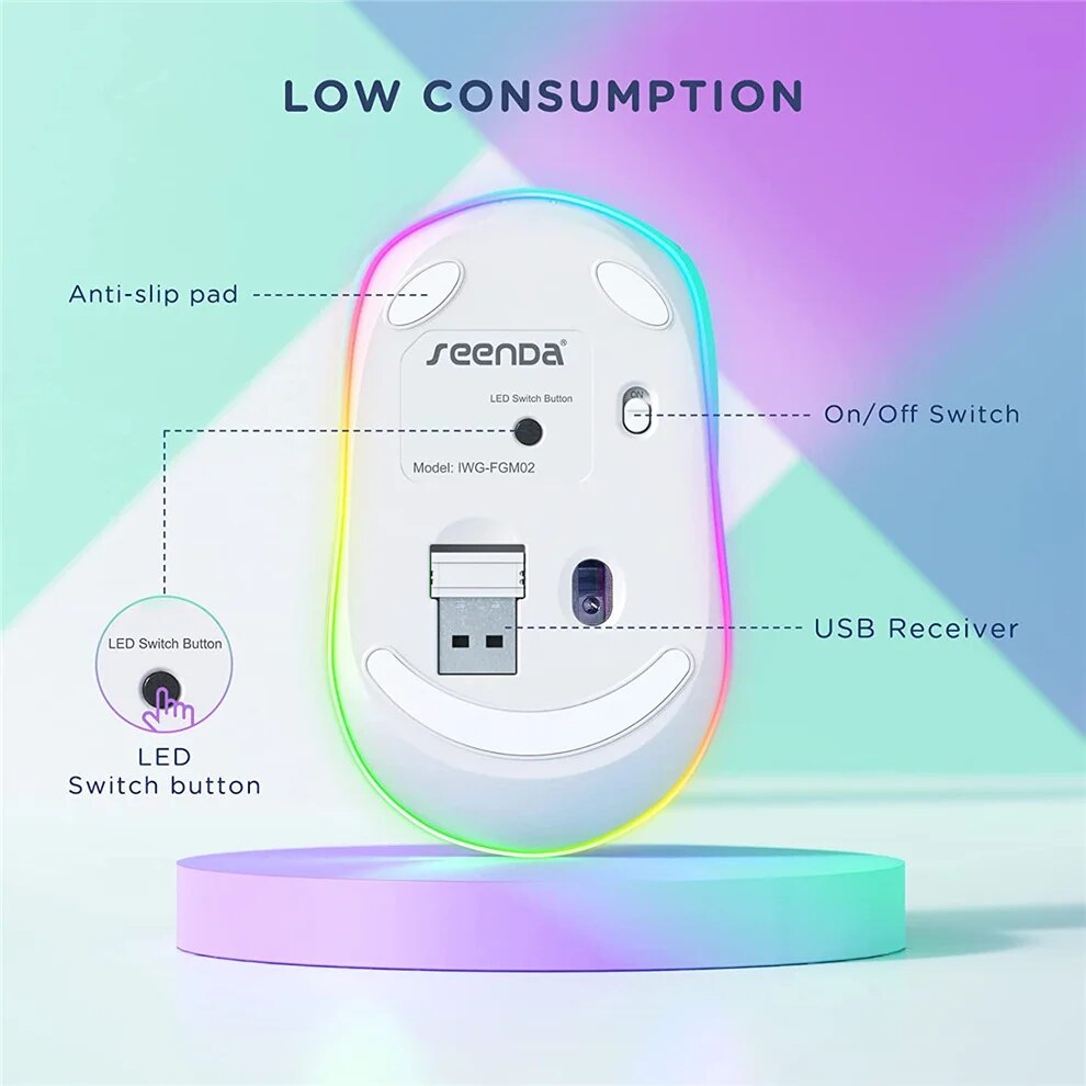 2.4G Wireless Mouse,Rechargeable Mouse Quiet Click Mice with Colorful LED Lights,3 Level DPI Mouse for Laptop Computer