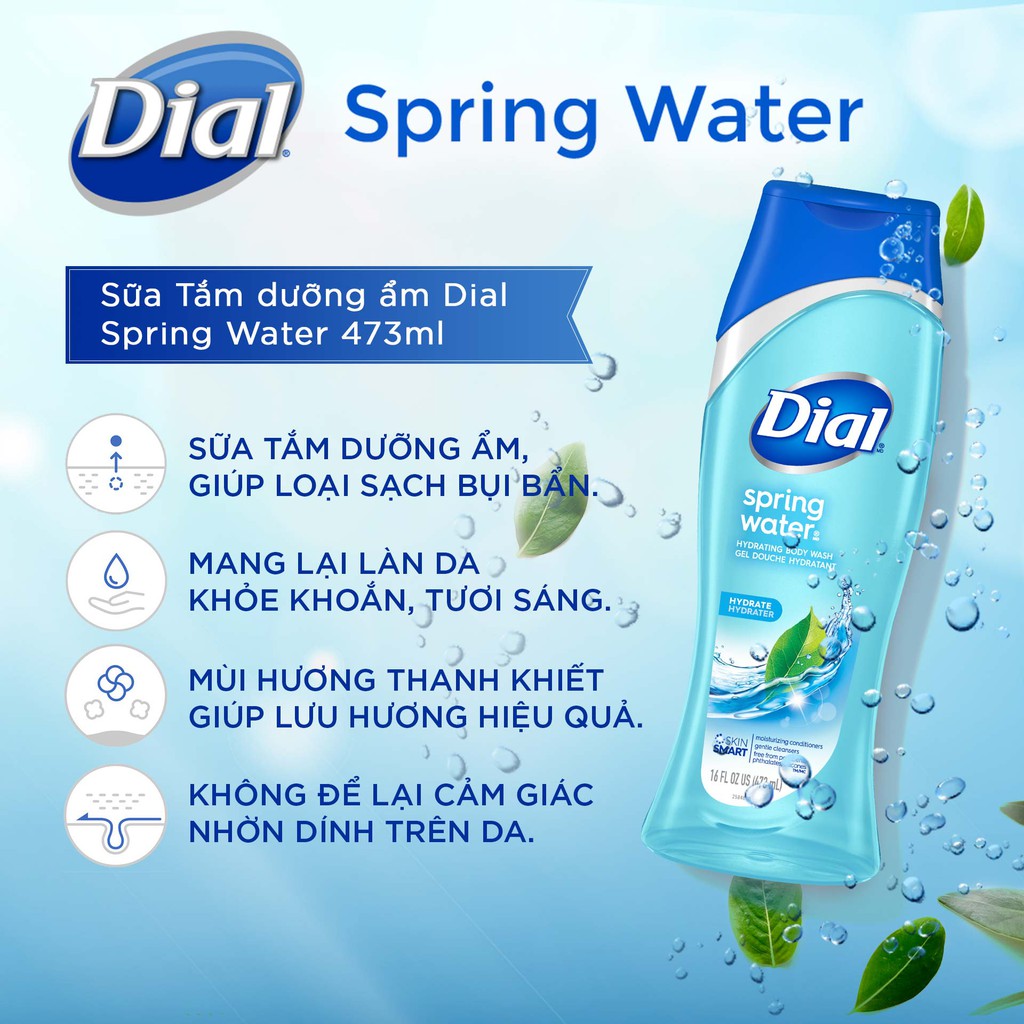 Sữa tắm cấp ẩm và diệt khuẩn Dial Spring Water 473ml