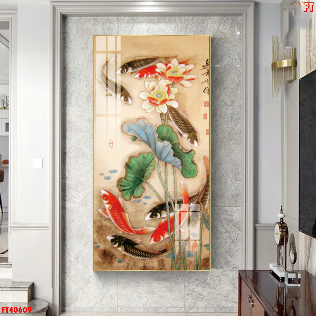Tranh Canvas cao cấp giá rẻ - Tranh 9 con cá chép và hoa sen