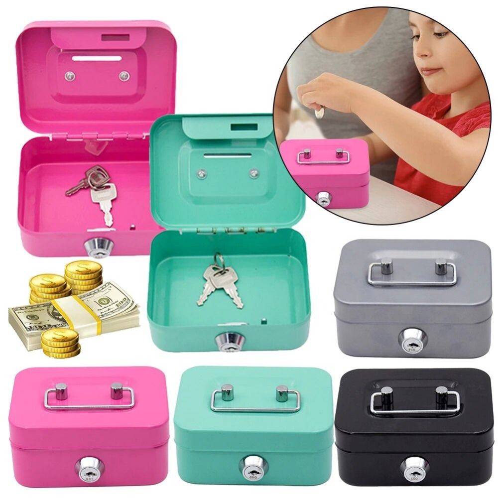Creative Mini Lockable Cash Box with Key Metal Lock Box Sturdy Construction Portable For Kids. 