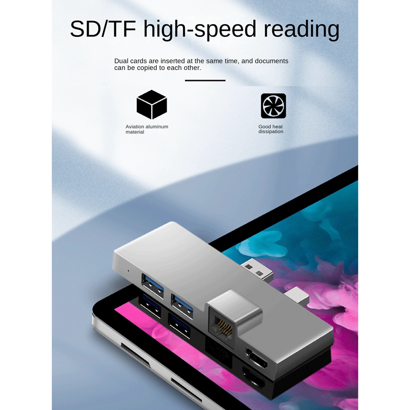 For Surface Pro 4 5 6 Docking Station Hub with 4K -Compatible TF Card Reader Gigabit Ethernet 2 USB 3.1 Gen 1 Port