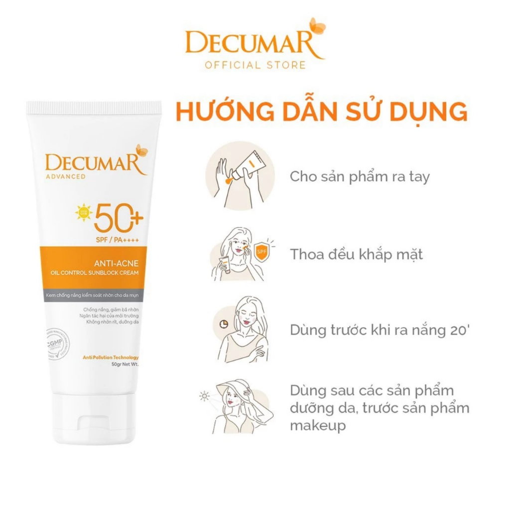 Kem chống nắng DECUMAR ADVANCED kiểm soát nhờn cho da mụn, ngừa mụn (Tuýt 50g)