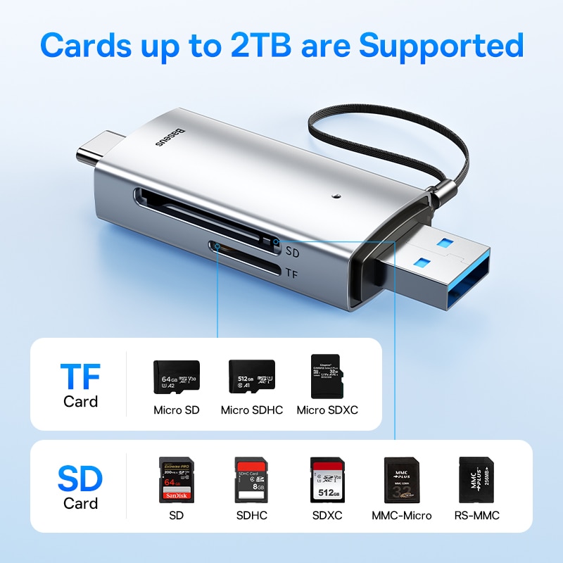 Baseus Card Reader USB C & USB3.0 To SD Micro SD TF Memory Card Device 104MB/S 2TB Smart Cardreader For Laptop Accessories 2023new