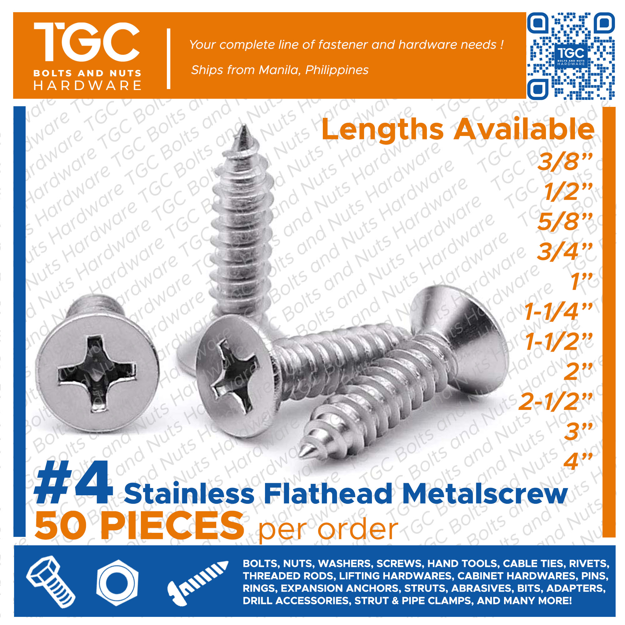 TGC 50PCS 4 X 3 8 1 1 2 Inches Stainless Metal Screw Flathead SS 