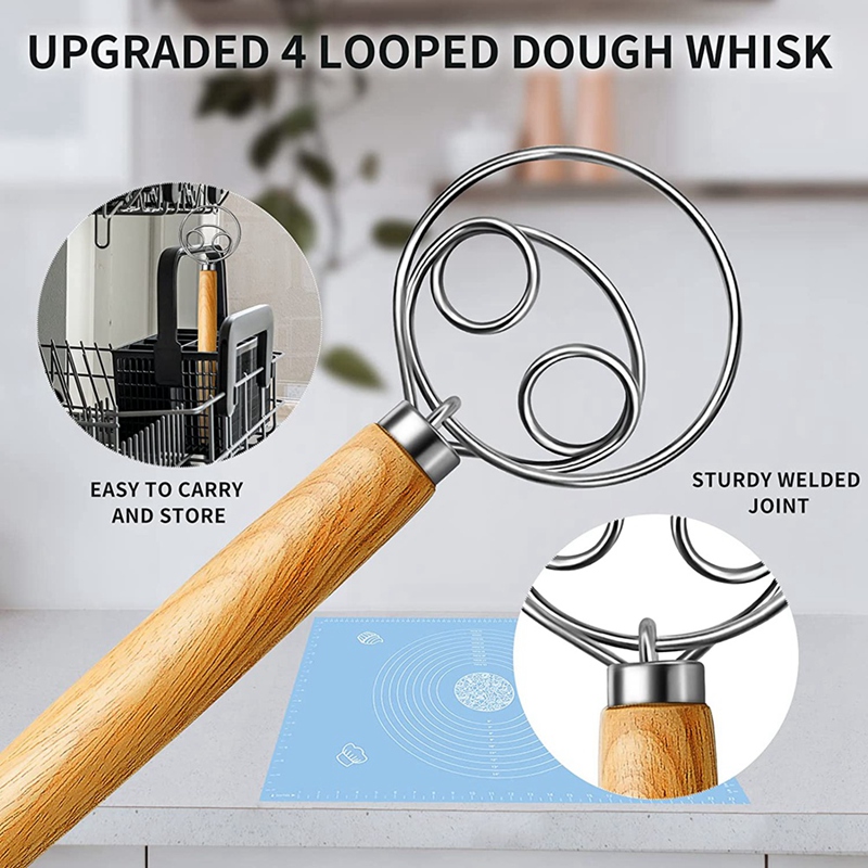 Danish Dough Whisk Dutch Style Bread Dough Hand Mixer Wooden Handle Kitchen
