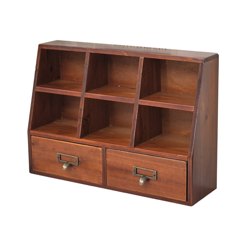 3-compartment 2-drawer retro multi-functional storage box display display cabinet solid wood desktop drawer storage cabinet storage cabinet
