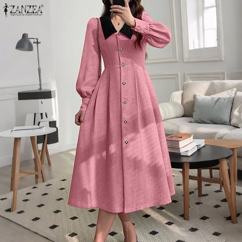 korean style office dress ZANZEA Women Formal Long Sleeve Dresses Contrast Color Button Up Lapel Midi #1208 AL:1926wed
