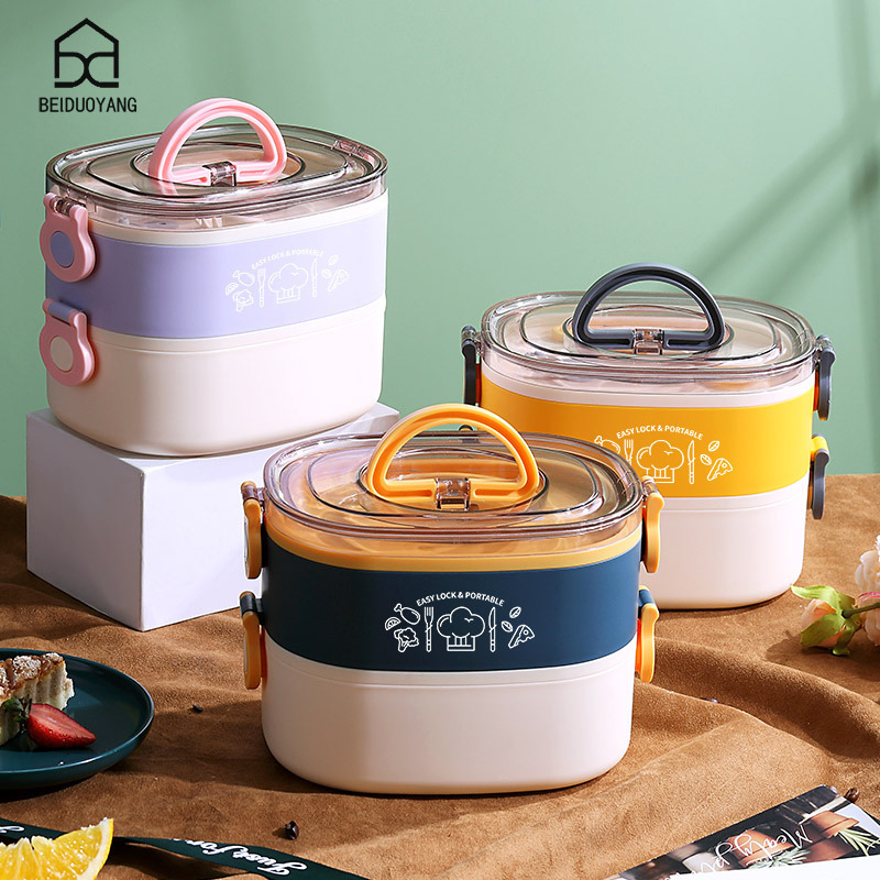 Simple oval-shaped double-layer stainless steel lunch box large-capacity handle compartment lunch box student lunch box