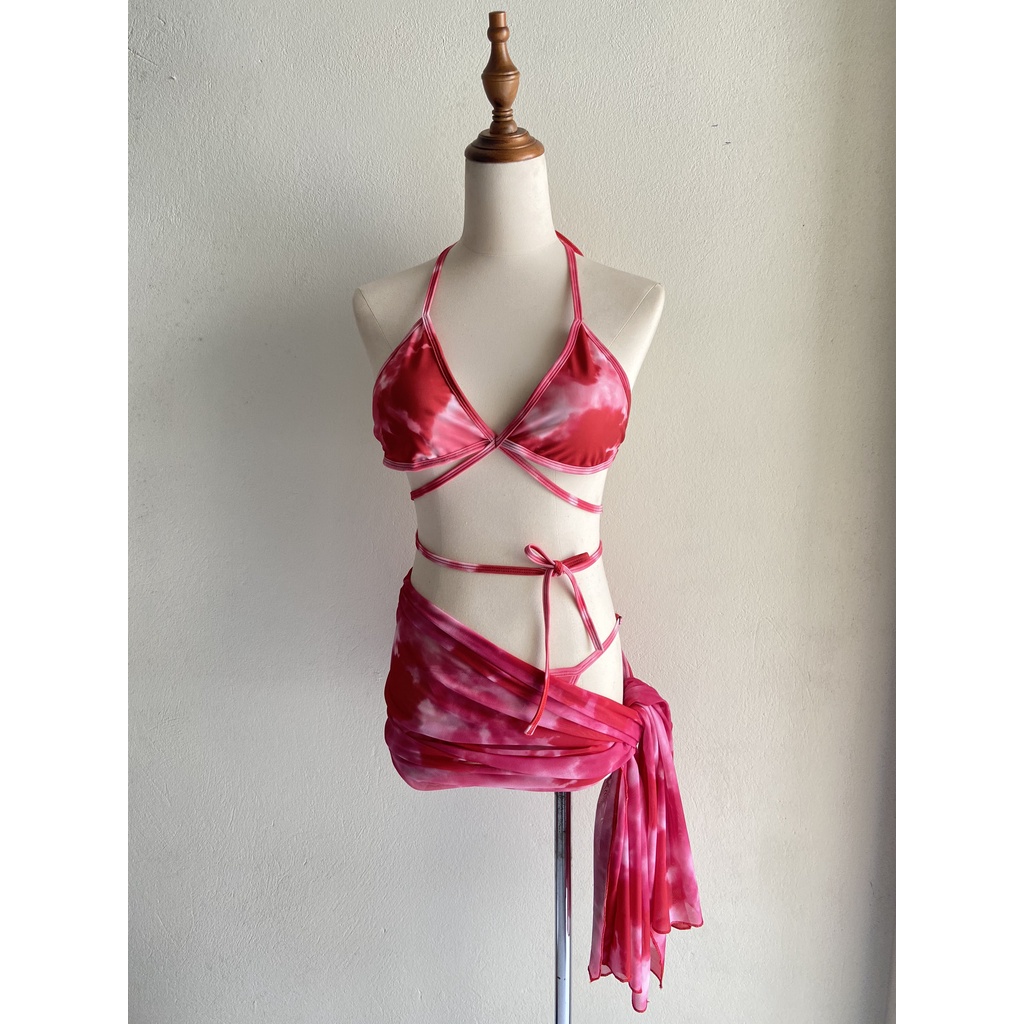 Set bikini 3 món loang đỏ kèm khăn voan cao cấp