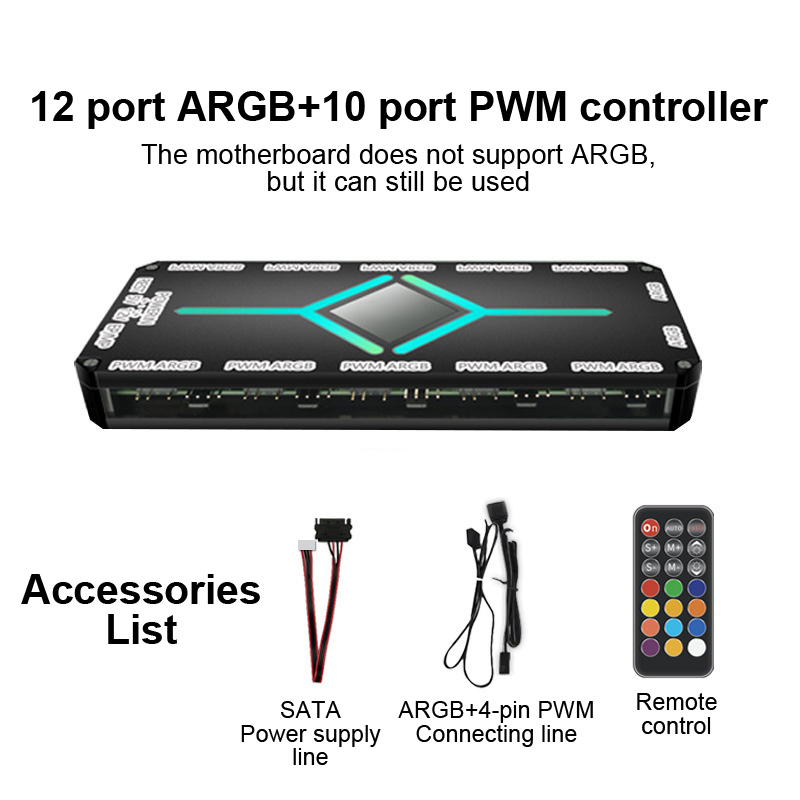 12-port ARGB&10-port PWM Controller Computer Fan Temperature Control Radiator Hub 5V 3-pin Controller Collection Game Chassis Cologo. 