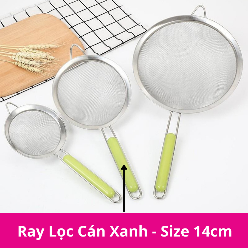 Rây lọc cháo, bột, đồ ăn dặm inox cán xanh 3 size cho bé