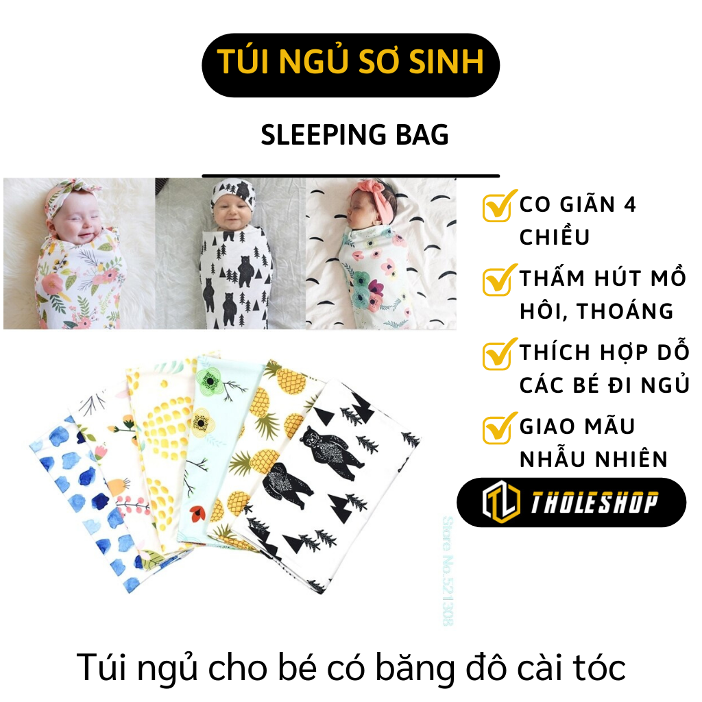 Nhộng chũn cho bé sơ sinh - Túi ngủ baby cotton co giãn 4 chiều - Kén ngủ sơ sinh tặng kèm băng đô đáng yêu