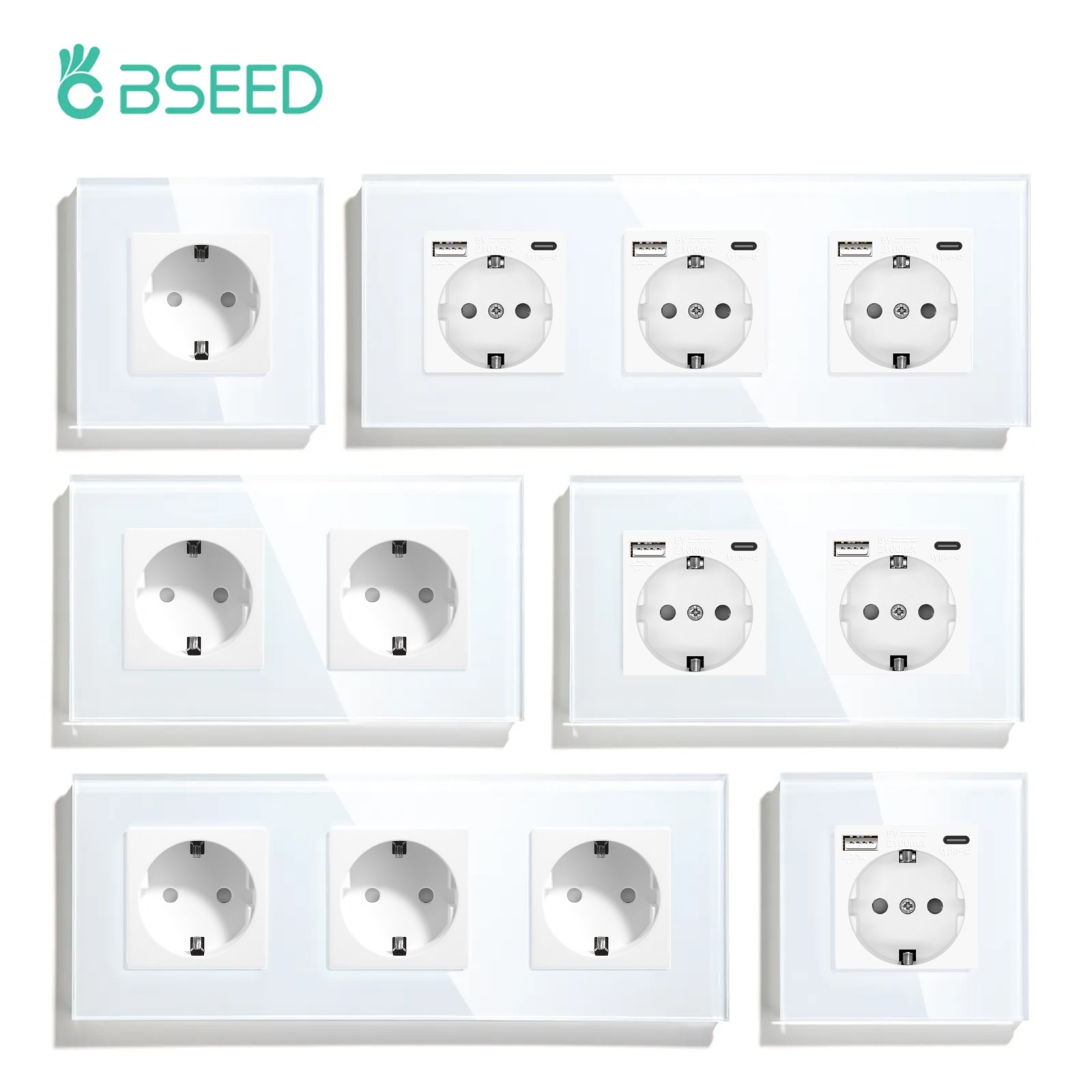 BSEED EU Standard Single Power Socket Touch Switch Usb Wall Sockets Double Sockets Triple Wall Sockets Quadruple Glass Sockets