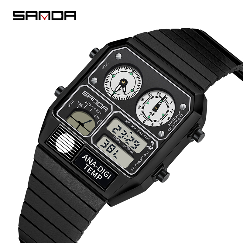 Sanda Retro Trendy Punk Dual Display Luminous Waterproof Electronic Quartz Men's Watch SD3192-3.