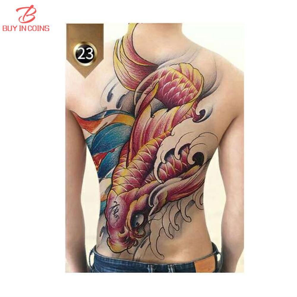 BUYINCOINS 48*35CM Big Large Full Back Chest Tattoo Large Tattoo Stickers Fish Wolf Tiger Dragon Waterproof Temporary Flash Tattoos