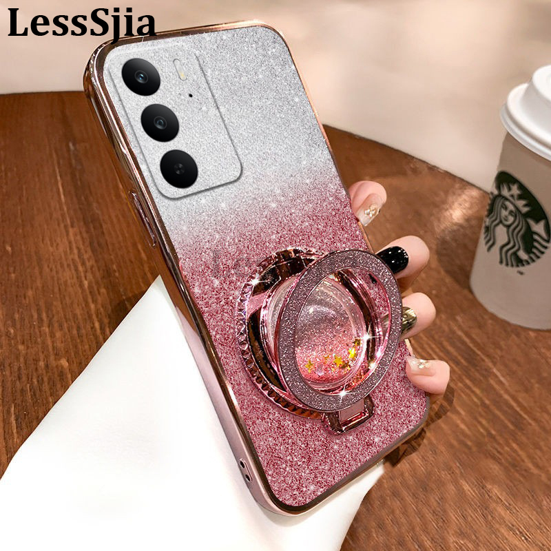 Phone cover Realme C65 C67 C75 Back case with Liquid Glitter Quicksand hourglass Stand Holder Luxury Shiny Gradient Plating Girls Slim For Realme C75 C67 C65 Phone cases.