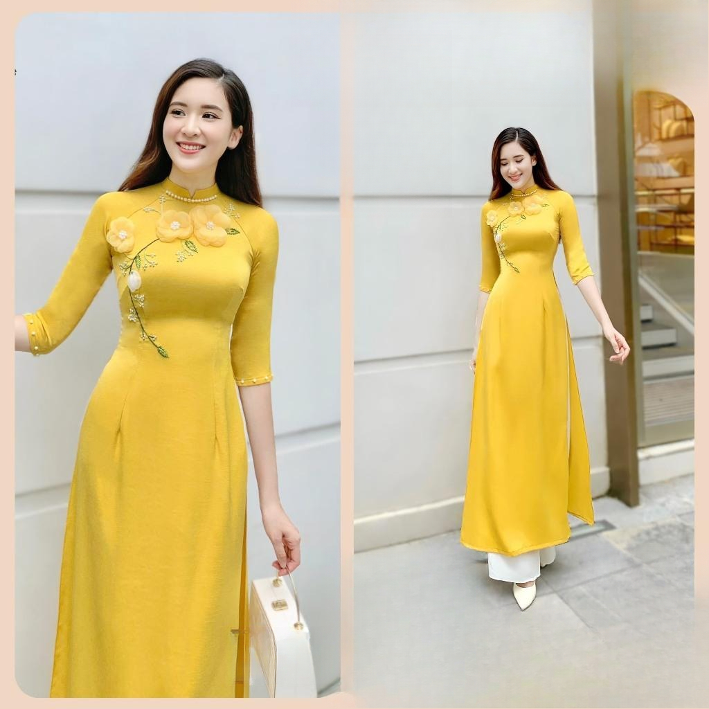 Áo dài truyền thống màu vàng thêu tay thủ công sang trọng cao cấp – Áo Dài Mieso