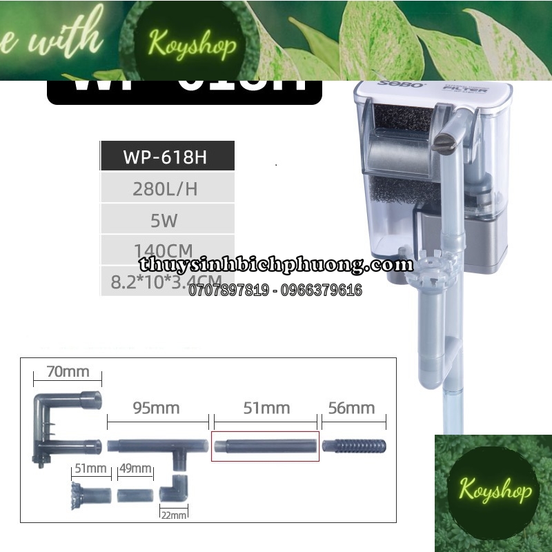 Lọc Thác Sobo WP-618H, WP-628H, WP-638H Cho Bể Cá Cảnh (Lọc thác cao cấp mini có hút mặt, chạy êm)