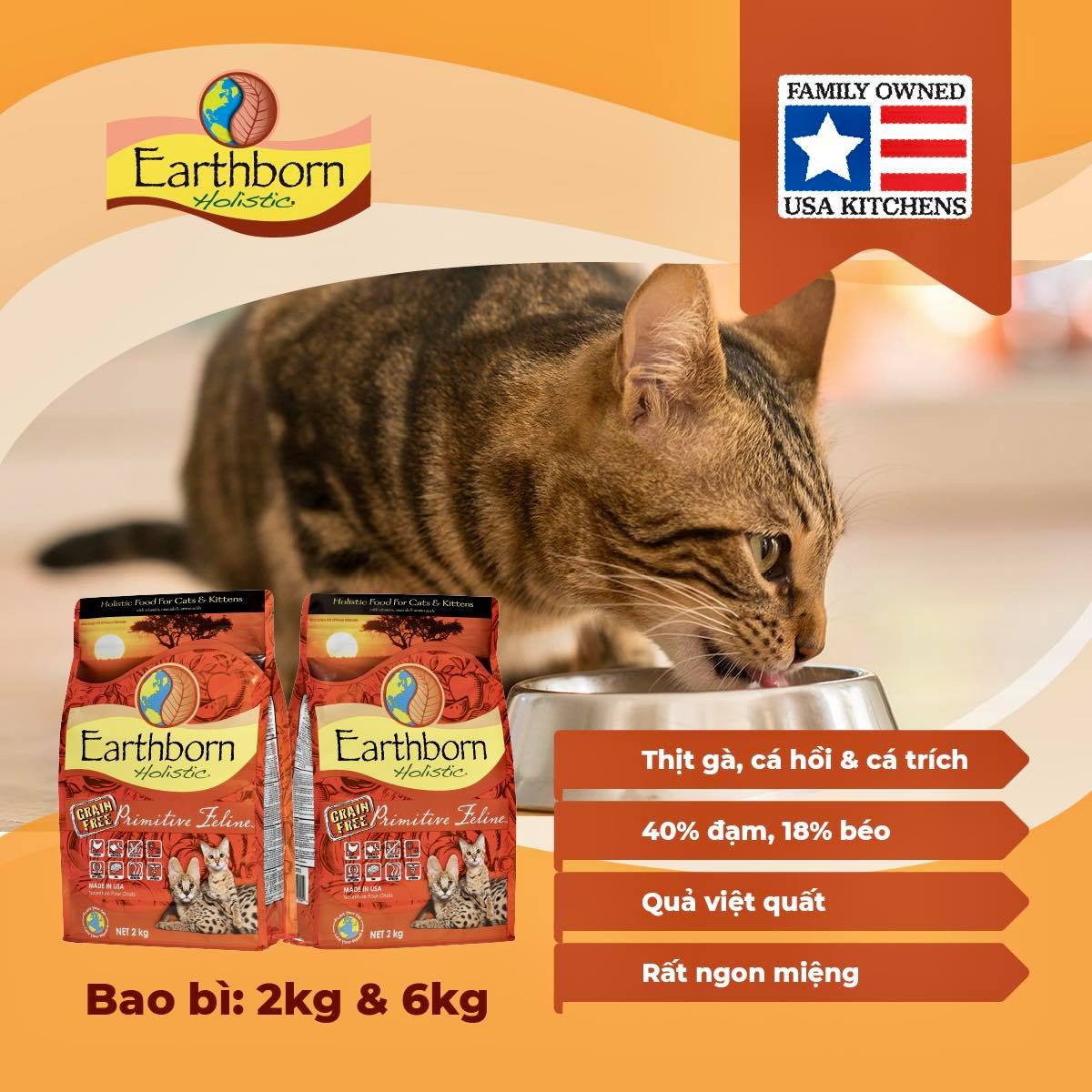 [Bao 2kg nguyên seal] Thức ăn mèo EARTHBORN từ Mỹ (Grain free)
